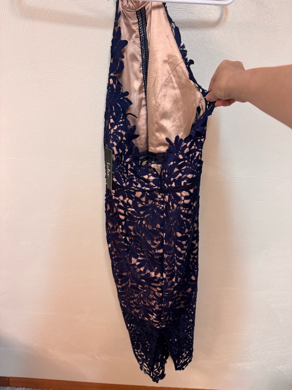 NWT Lulus Blue Floral Lace Halter Sheath Midi Dress Lined Zip Back Women M - Picture 6 of 10